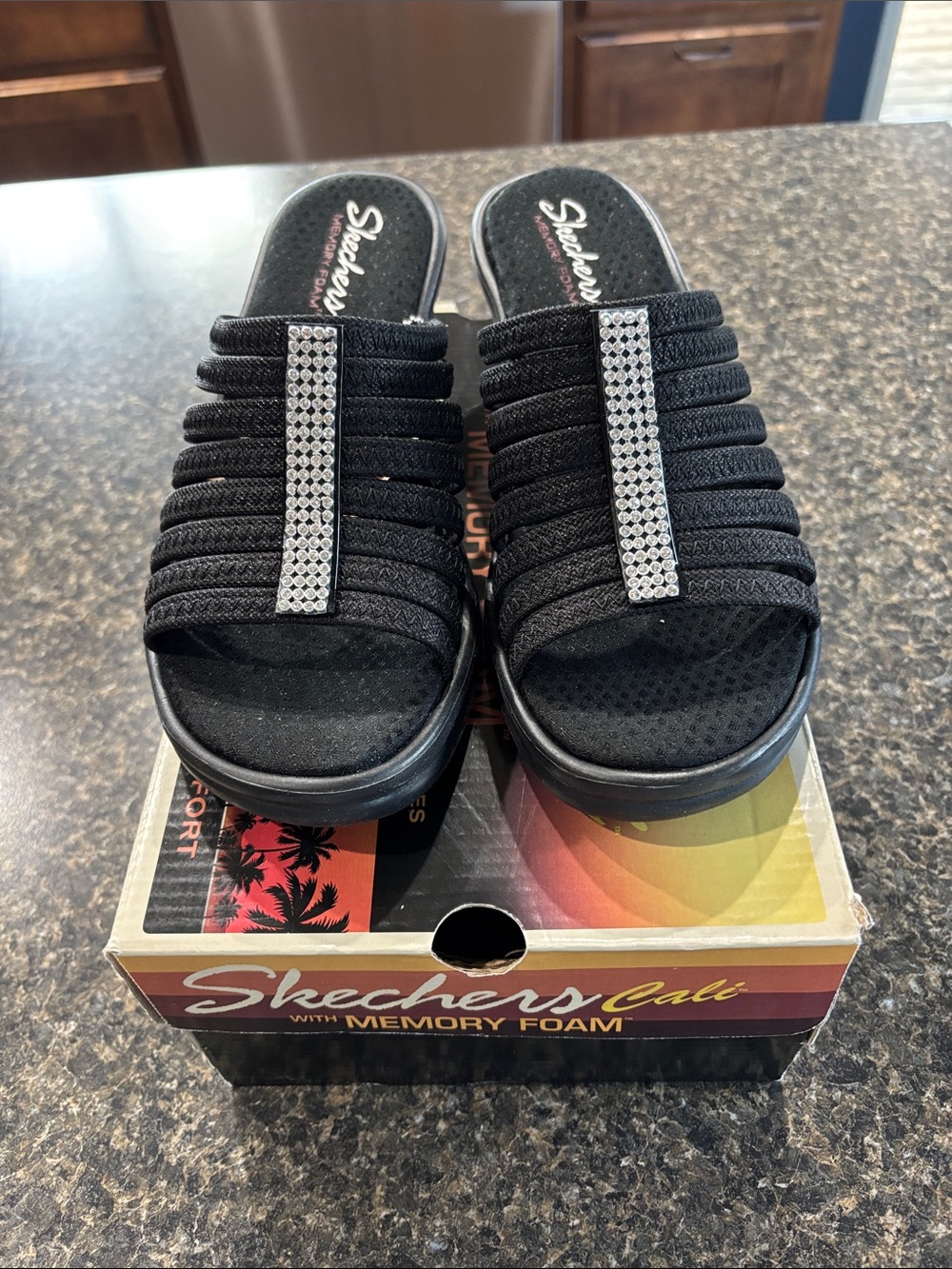 Skechers Black Slide Sandals with Rhinestone Strap